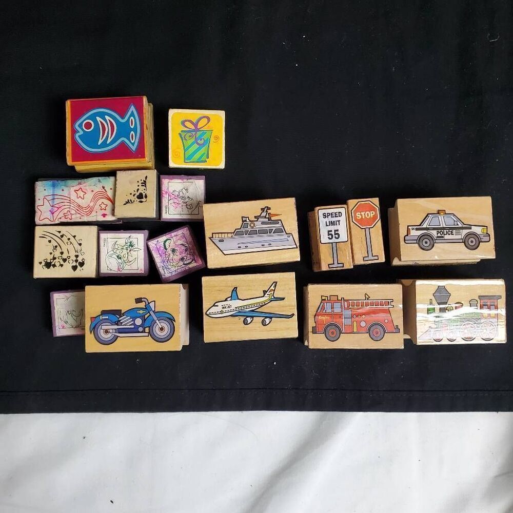 Rubber Stamps Lot of 12 – Disney, Vehicles, Animals, Stars, Vintage Mini Wood St